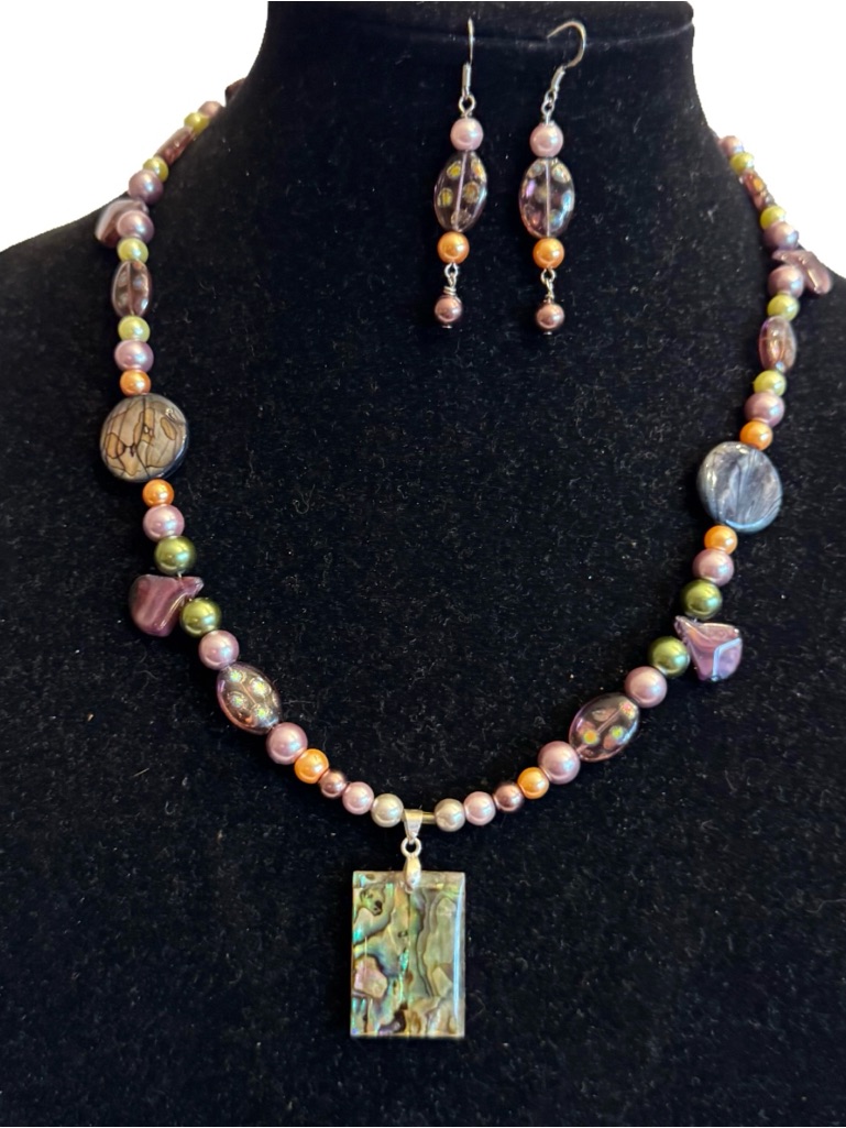 Abalone Shell Necklace And Earrings Set Faux Pearls And Art Glass Beads Jewelry